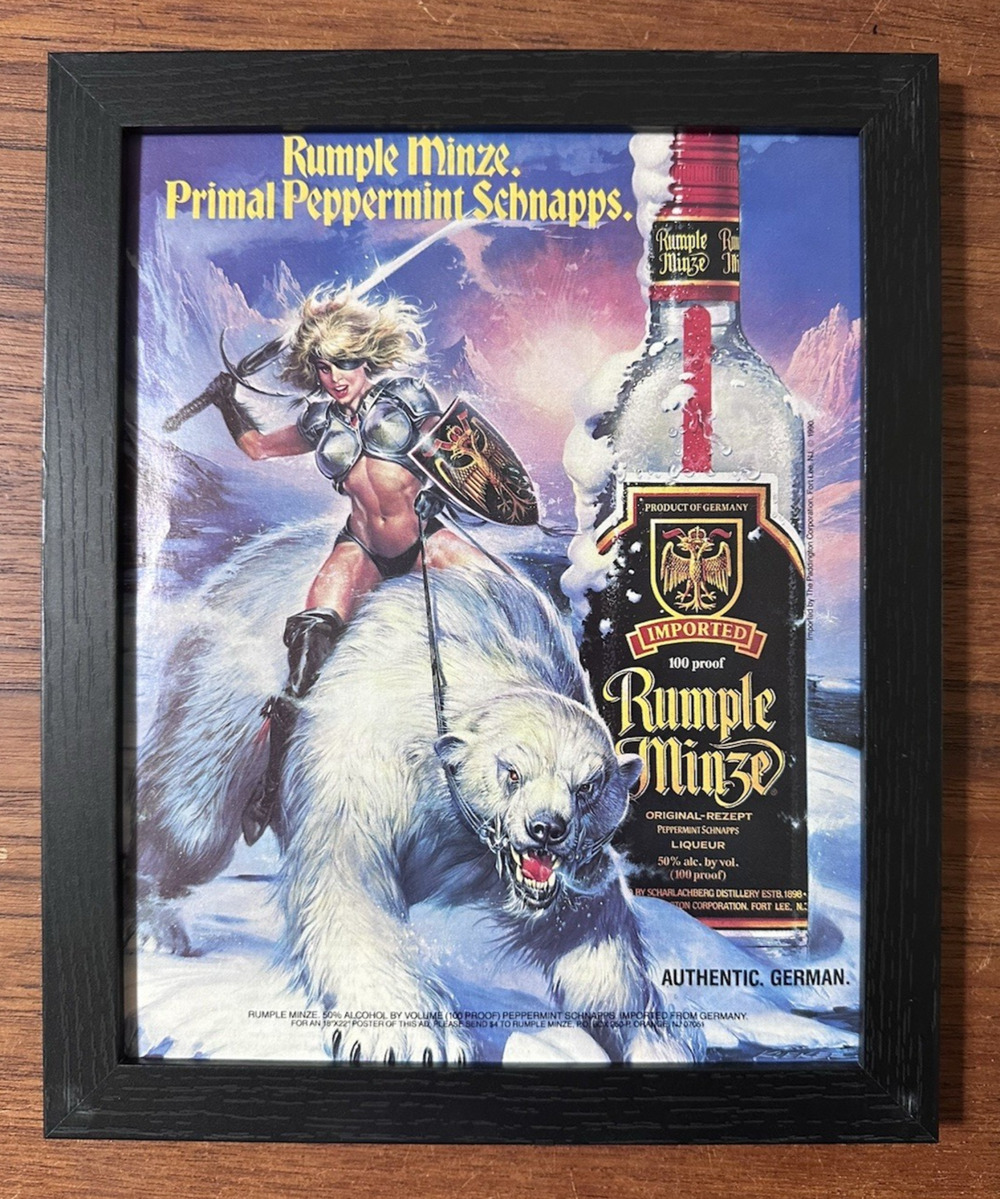 Framed 1991 Rumple Minze Schnapps Fierce Warrior Woman Polar Bear Print Ad 9x11